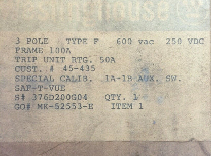 WESTINGHOUSE F3050S SAFTVUE DE-ION CIRCUIT BREAKER 50A 600VAC 250VDC 376D200G04 1