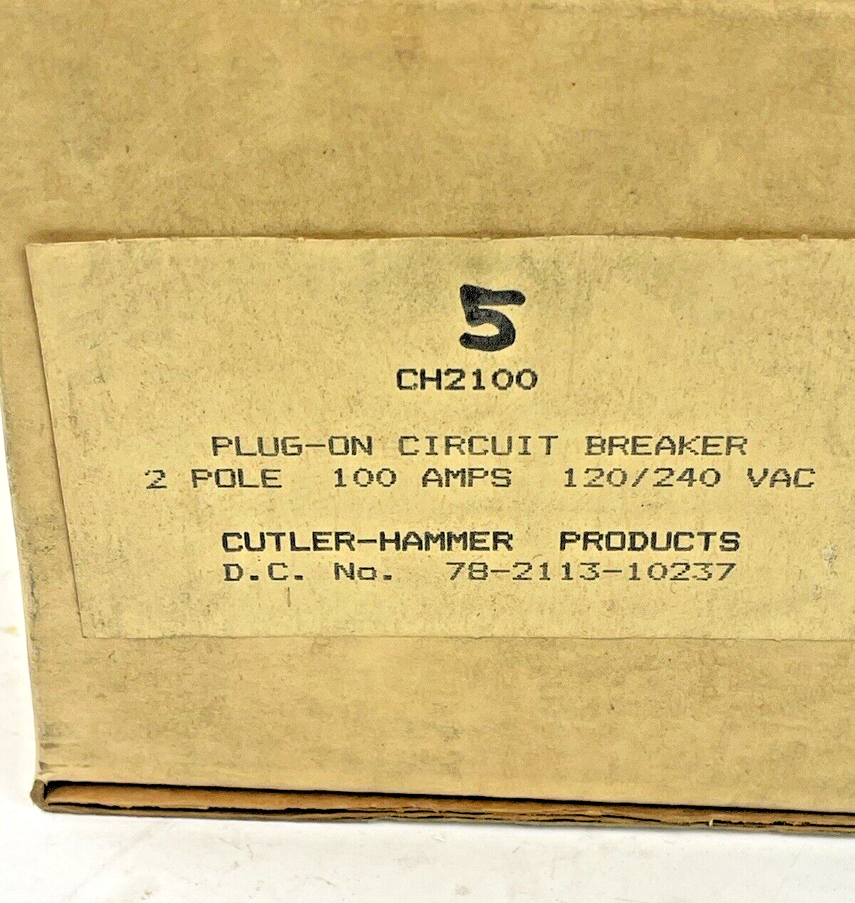 CUTLER-HAMMER *BOX OF 5* - CH2100 - 100A, 2 POLE, 120/240 VAC CIRCUIT BREAKERS2