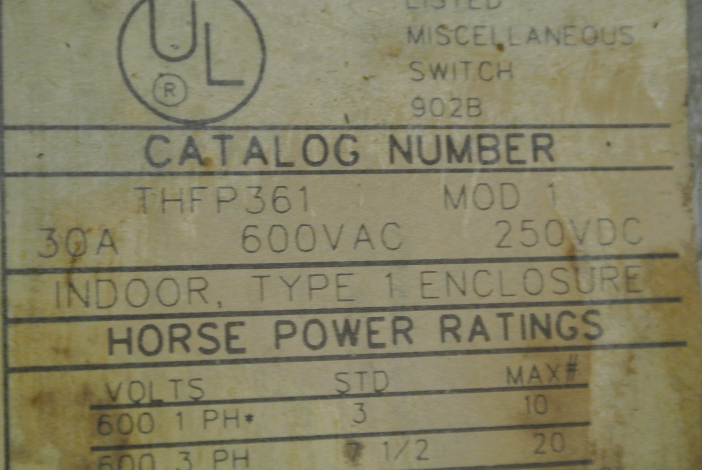 GE THFP361 - QMR-TYPE PANELBOARD UNIT - FUSIBLE SWITCH - 600VAC, 30A, 20HP MAX.1