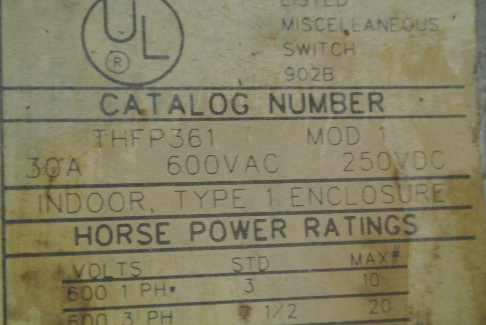 GE THFP361 - QMR-TYPE PANELBOARD UNIT - FUSIBLE SWITCH - 600VAC, 30A, 20HP MAX.1