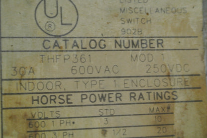 GE THFP361 - QMR-TYPE PANELBOARD UNIT - FUSIBLE SWITCH - 600VAC, 30A, 20HP MAX.1