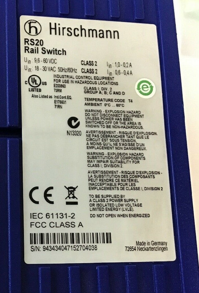 HIRSCHMANN RS20-1600T1T1SDAUHH RAIL SWITCH 60VDC/30VAC 50/60HZ2