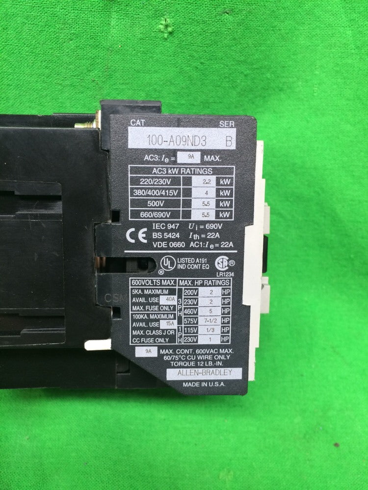 ALLEN BRADLEY 100-A09ND3 CONTACTOR SERIES B 9 AMP2