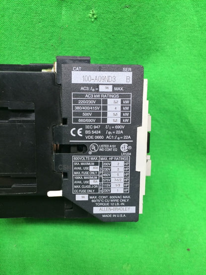 ALLEN BRADLEY 100-A09ND3 CONTACTOR SERIES B 9 AMP2