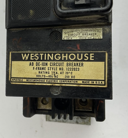 WESTINGHOUSE 1222023 AB DE-ION CIRCUIT BREAKER 600VAC 250VDC 20A1
