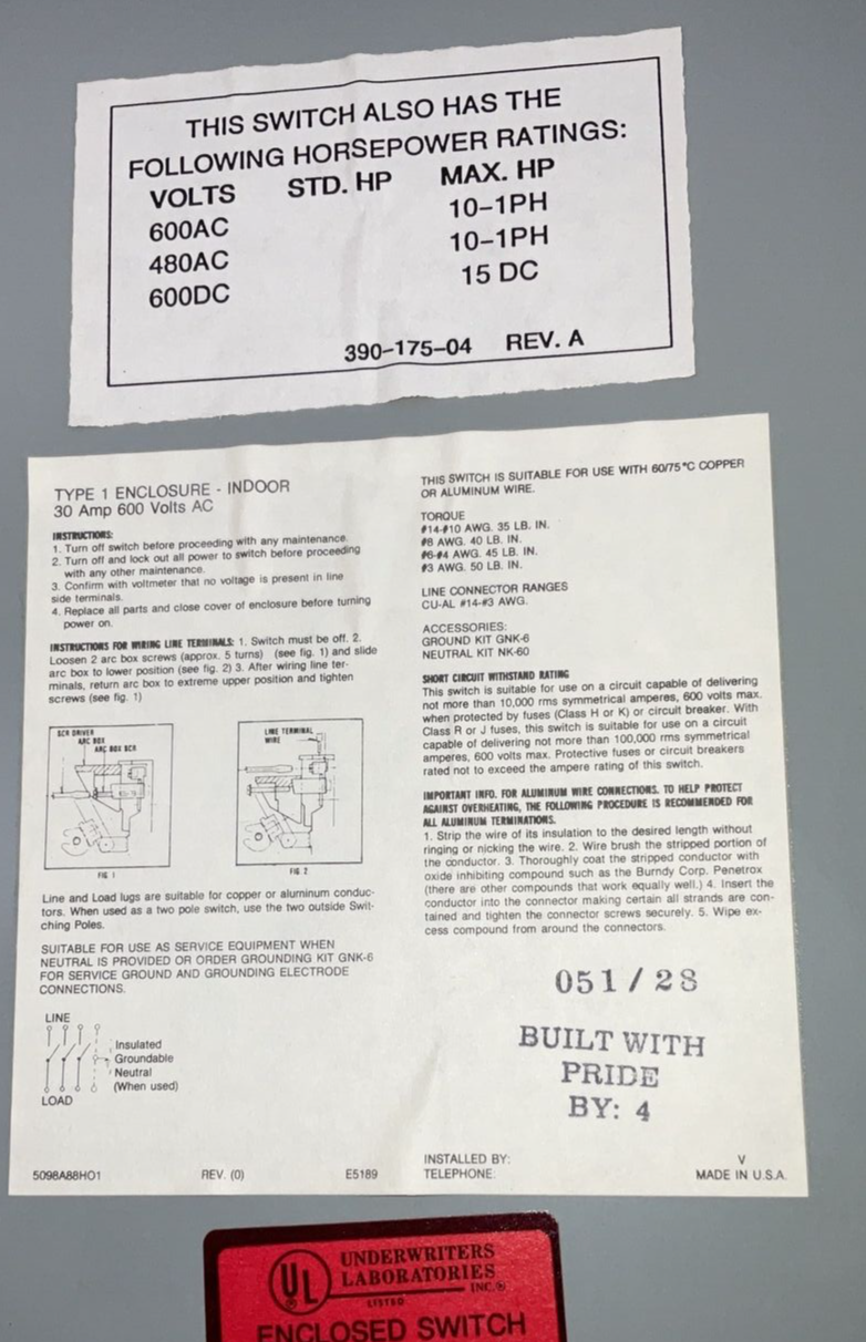 CHALLENGER HD361NFC SAFETY SWITCH 600VAC 30A 30HP TYPE17