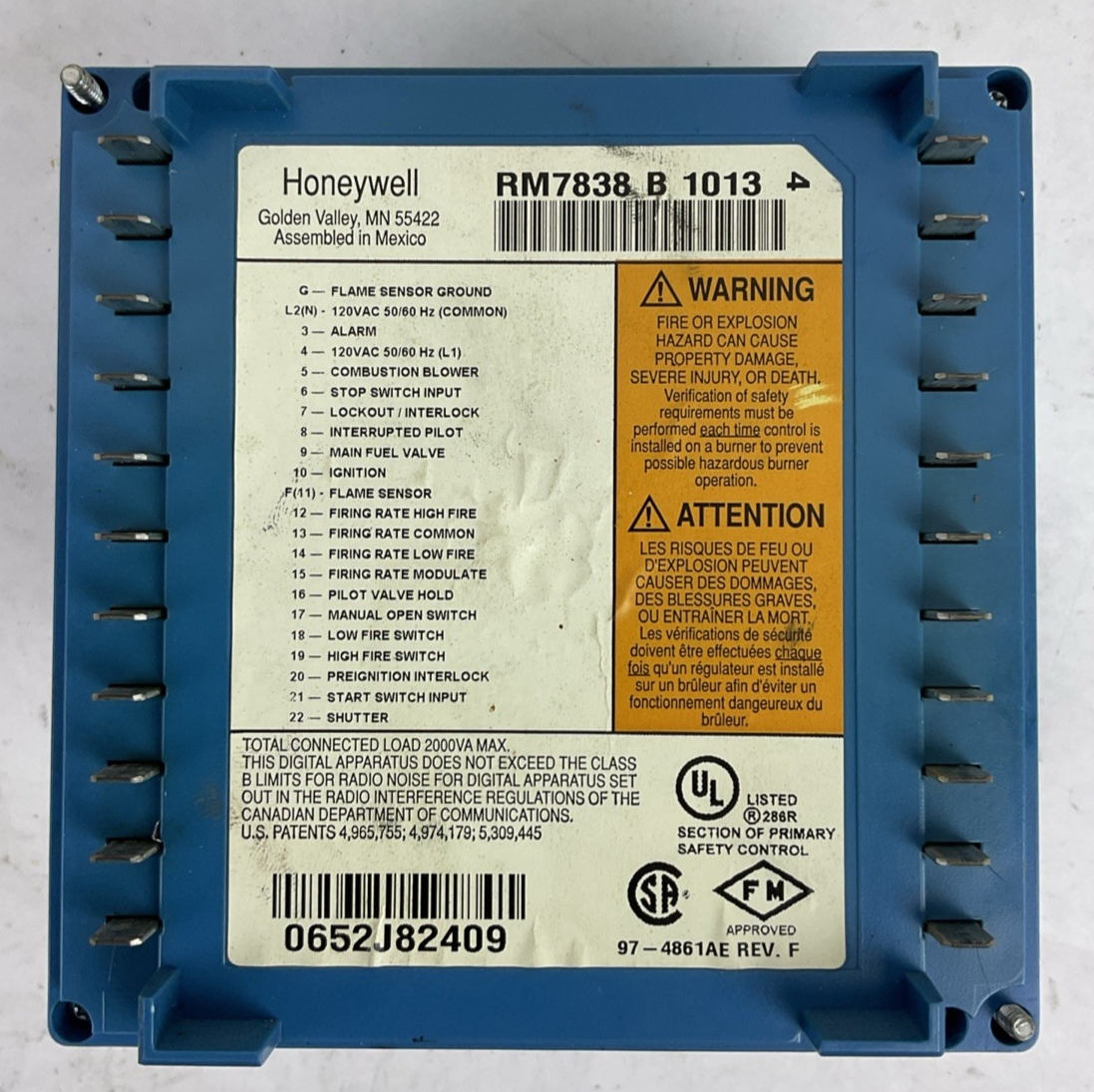 HONEYWELL RM7838 B 1013 BURNER CONTROL 97-4861AE REV F5