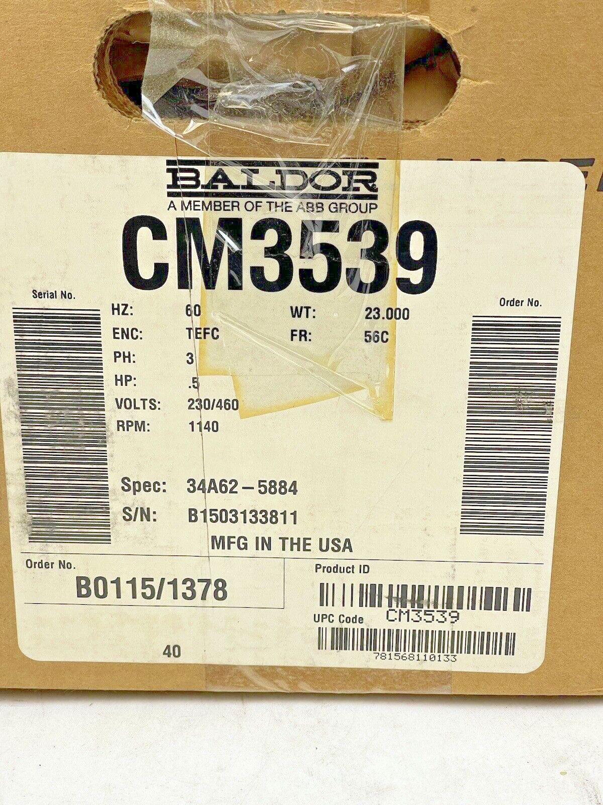 BALDOR - CM3539 - GP Motor - .5 Hp 3 Phase 230/460V 1140 RPM 56C Frame1