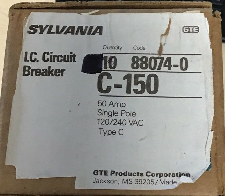 SYLVANIA C-150 CIRCUIT BREAKER 120/240VAC 50A 1POLE TYPE C ***LOTOF10***0
