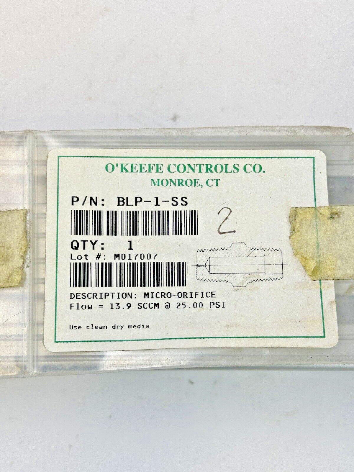 O'KEEFE CONTROLS - BLP-1-SS - MICRO ORIFICE - FLOW = 13.9 SCCM @ 25.00 PSI1