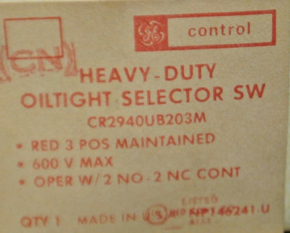 GENERAL ELECTRIC CR2940UB203M HD OILTIGHT SELECTOR SWITCH / RED / NEW SURPLUS1