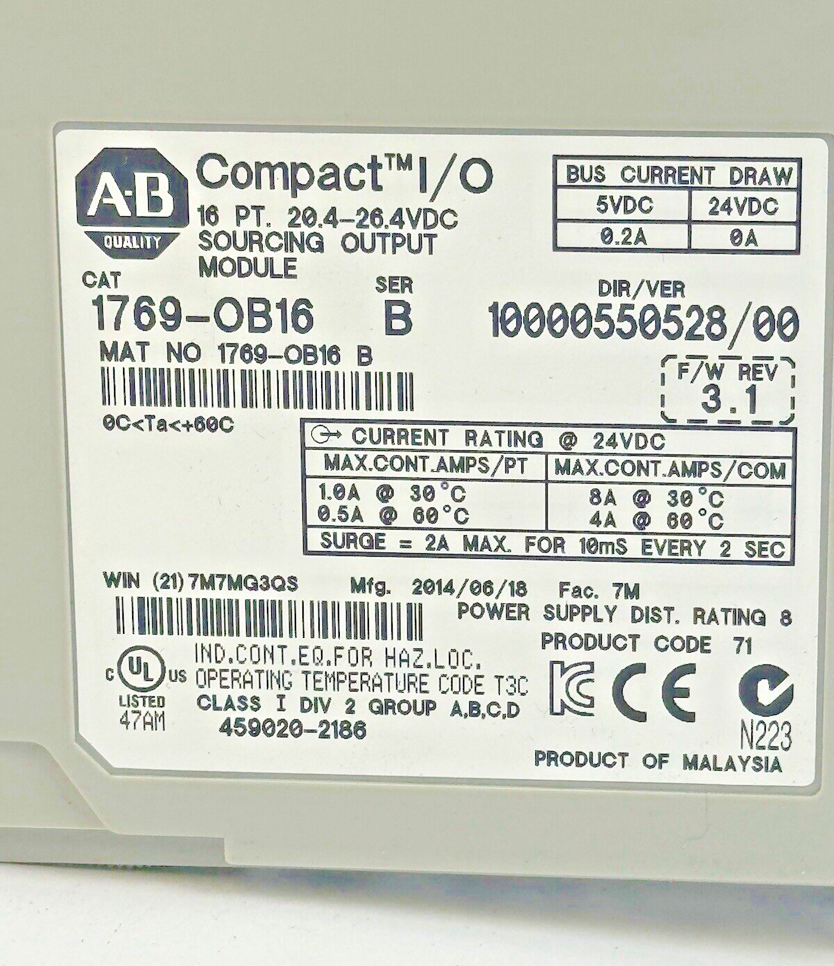 ALLEN-BRADLEY - 1769-OB16 SER. B, F/W REV 3.1, DIR/VER 10000550528/00 - 16 PT.3