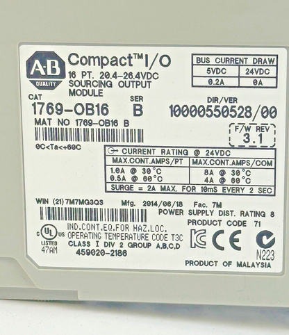ALLEN-BRADLEY - 1769-OB16 SER. B, F/W REV 3.1, DIR/VER 10000550528/00 - 16 PT.3