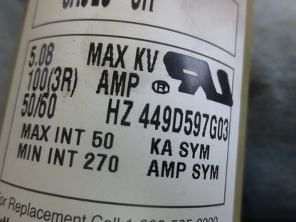 CUTLER-HAMMER 5ACLS-3R MOTOR CIRCUIT HIGH VOLTAGE FUSE 5.08 MAX KV, 100(3R)A, 2