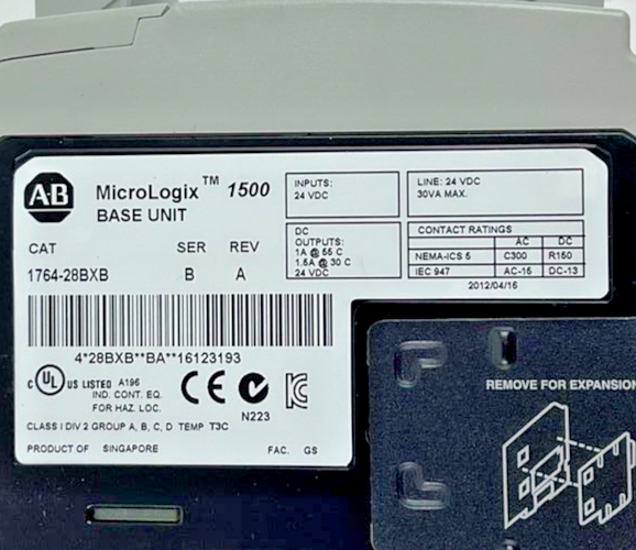 ALLEN BRADLEY 1764-28BXB BASE UNIT SER.B REV.A 24VDC MICROLOGIX 15005