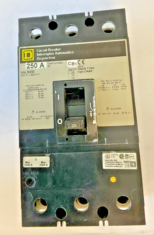 SQUARE D KAL36250 CIRCUIT BREAKER 250A 3P 600VAC 250VDC SERIES 20