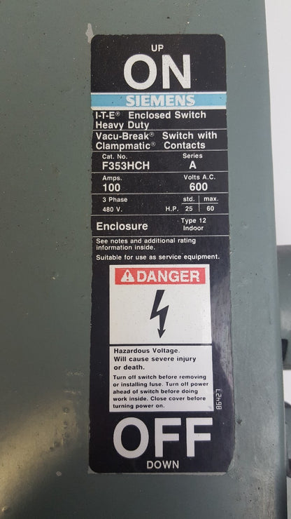 Siemens ITE 100A Fused Safety Switch Heavy Duty 600V 3PH  F353HCH1