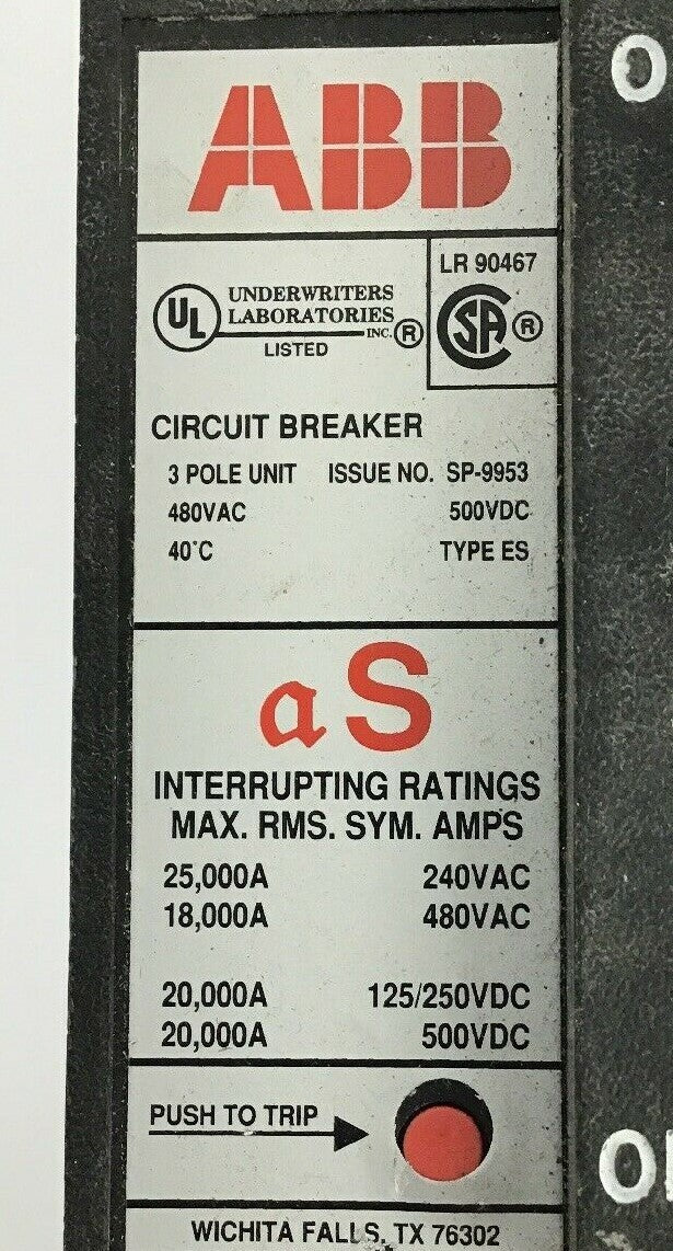 ABB UXAB 727131 R 101 15AMP CIRCUIT BREAKER 500VDC 3POLE TYPE ES 480VAC1