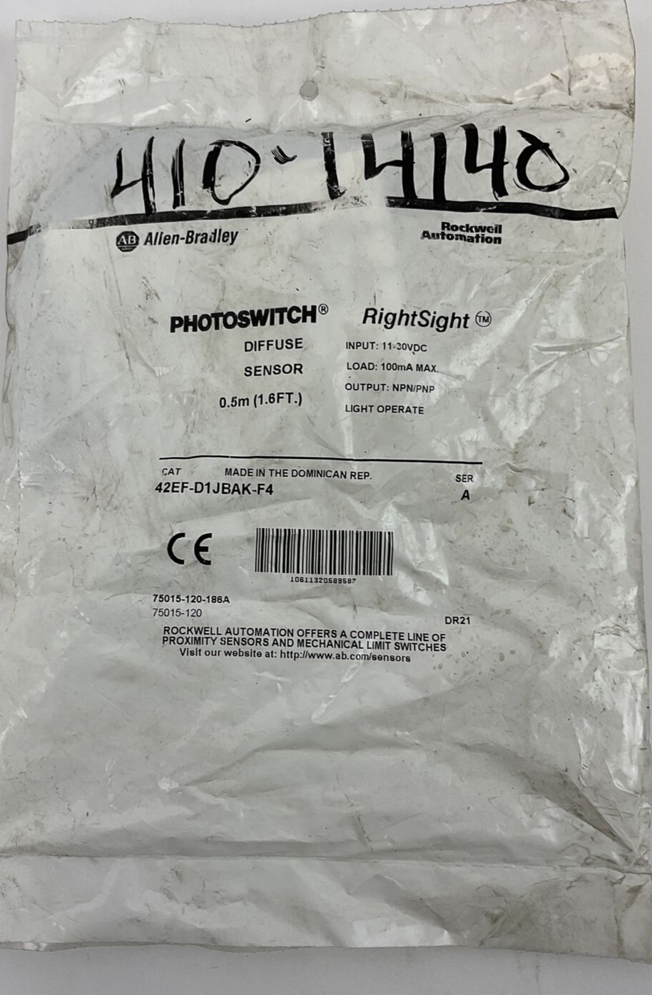 ALLEN BRADLEY 42EF-D1JBAK-F4 PHOTOSWITCH  DIFFUESE SENSOR 0.5MM 11-30VDC  SER.A0