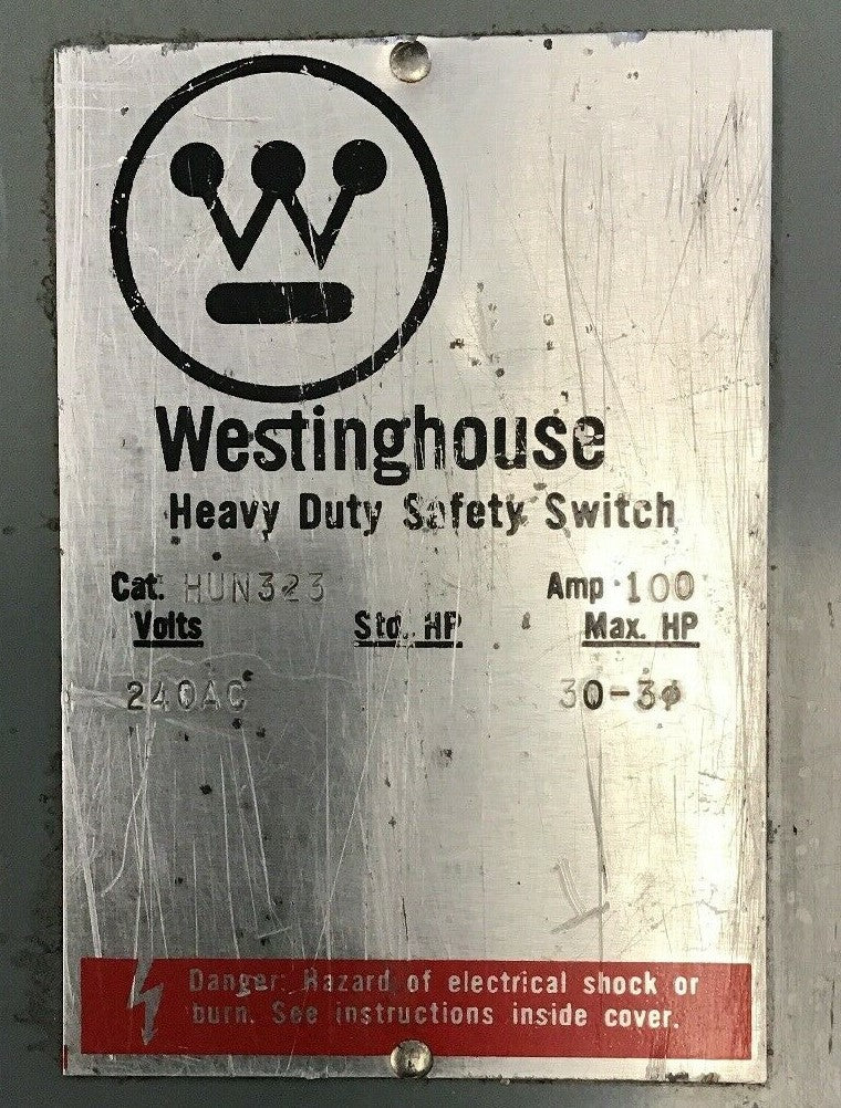 WESTINGHOUSE HUN323 SAFETY SWITCH 100A 240VAC TYPE1 ENCLOSURE-INDOOR5