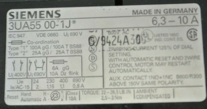 SIEMENS 3UA55 00-1J* OVERLOAD RELAY / 6.3 to 10A / 24-690V1