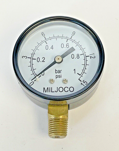 MILJOCO - P2508L02 - PRESSURE GAUGE - 2.5" DIAMETER, 1/4" NPTLM, 0-15 PSI4