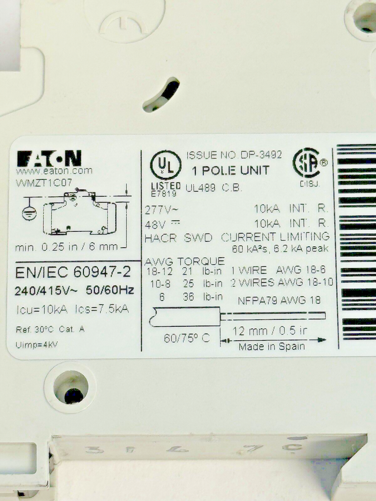 EATON - WMZT1C07 - CIRCUIT BREAKER - 1 POLE/ 7 A/ 277 VAC1
