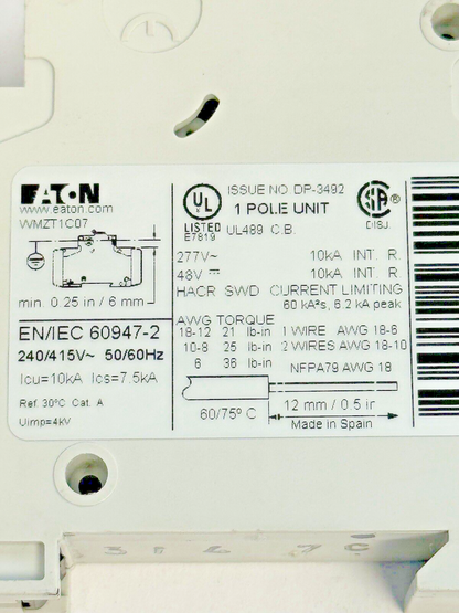 EATON - WMZT1C07 - CIRCUIT BREAKER - 1 POLE/ 7 A/ 277 VAC1