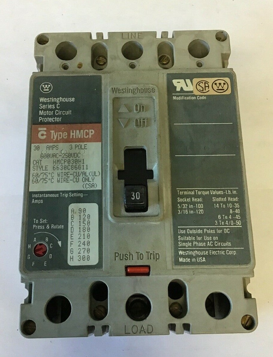 WESTINGHOUSE HMCP030H1 CIRCUIT PROTECTOR  SER.C 30AMP 3POLE 600VAC-250VDC0