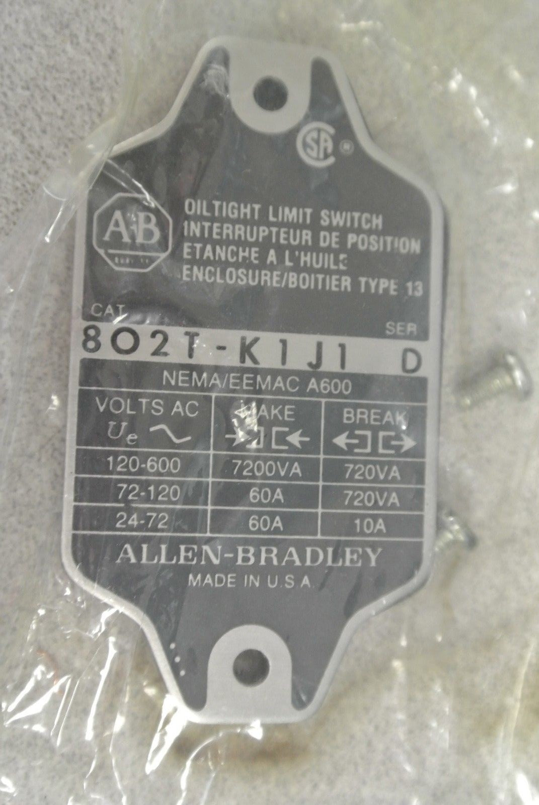 ALLEN-BRADLEY 802T-K1J1 OILTIGHT LIMIT SWITCH Ser. D / NON-PLUG-IN / NEW SURPLUS1