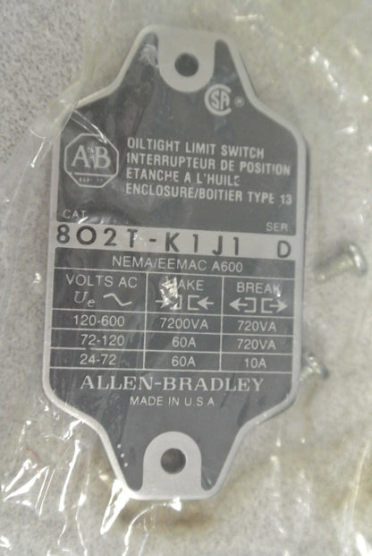 ALLEN-BRADLEY 802T-K1J1 OILTIGHT LIMIT SWITCH Ser. D / NON-PLUG-IN / NEW SURPLUS1