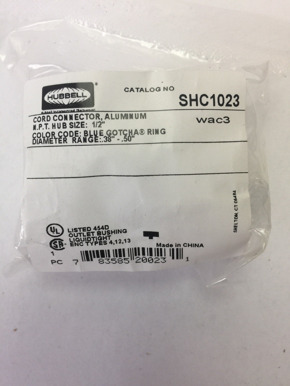 HUBBELL SHC1023 CORD CONNECTOR ALUMINUM N.P.T. HUB SIZE 1/2"  0