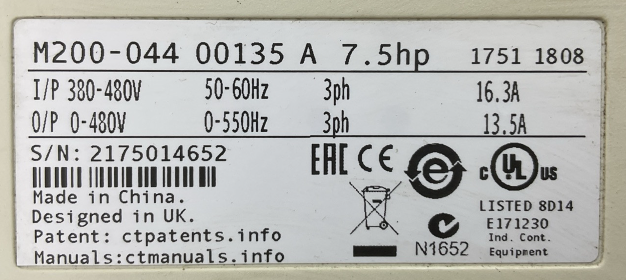 NIDEC CONTROL TECHNIQUES M200-044 00135 A AC DRIVE 7.5HP OUTPUT 0-480VAC 13.5A1