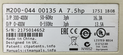 NIDEC CONTROL TECHNIQUES M200-044 00135 A AC DRIVE 7.5HP OUTPUT 0-480VAC 13.5A1