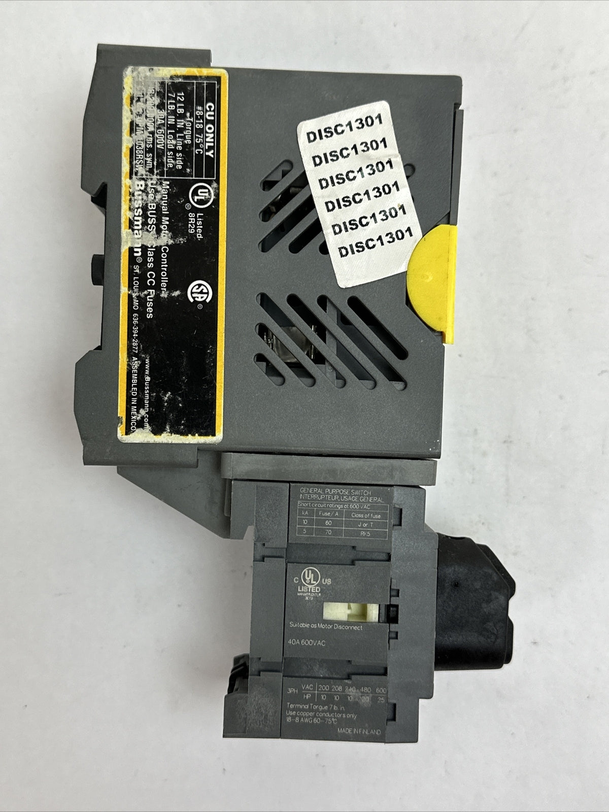 BUSSMANN OPM-1038RSW MANUAL MOTOR CONTROLLER 30A 600V USE BUSSMANN CLASS CC FUSE3