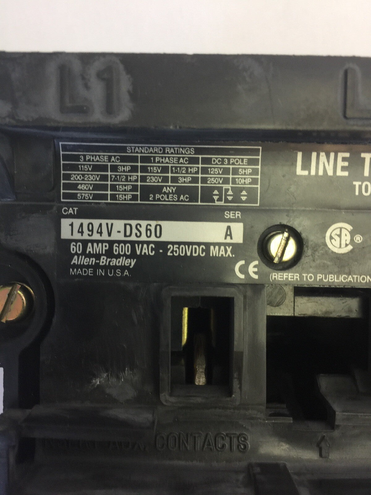 ALLEN BRADLEY 1494V-DS60 DISCONNECT SWITCH 60AMP 600VAC 50HP 250VDC 10HP SER A 1