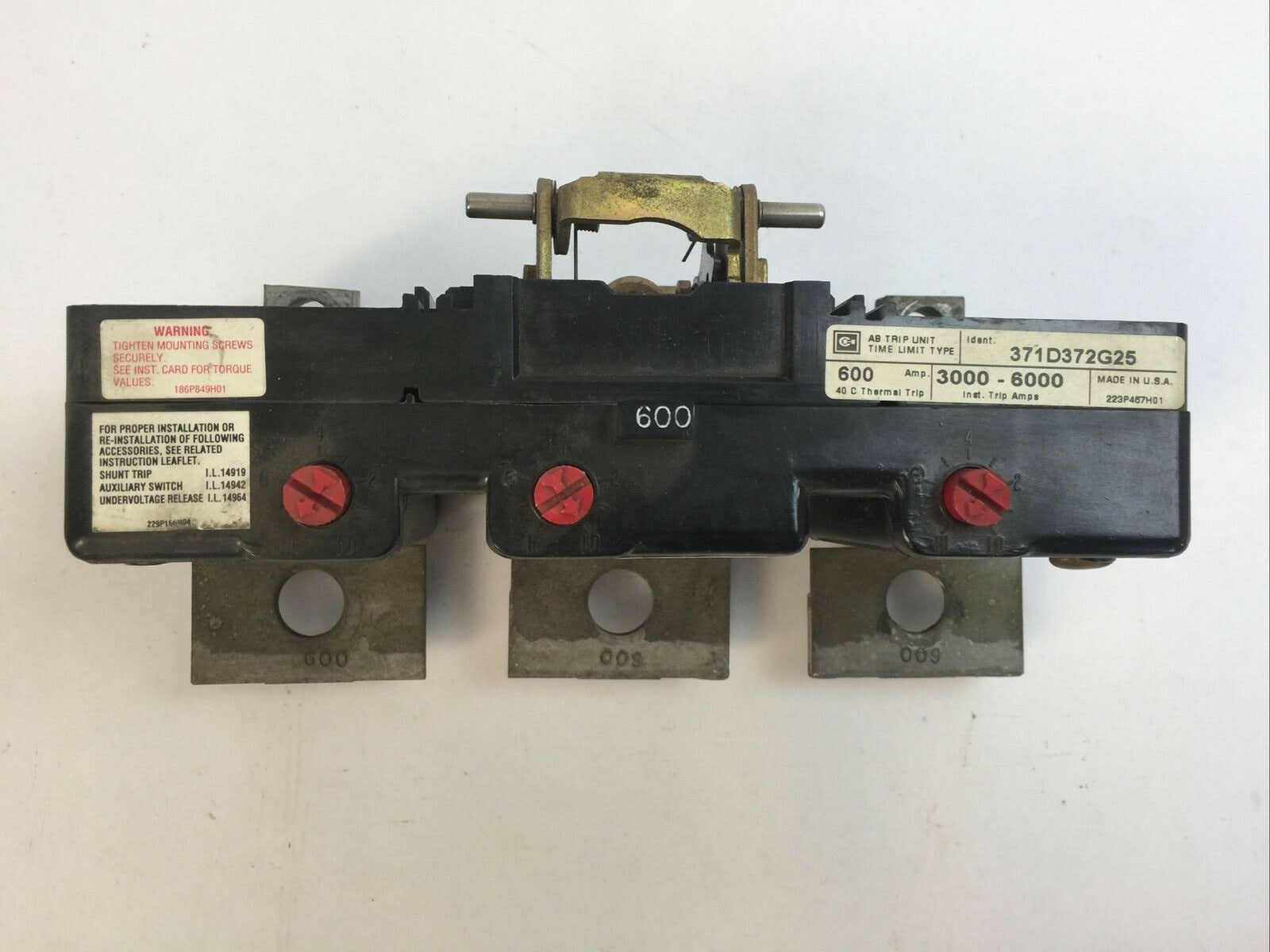 CUTLER HAMMER 371D372G25 AB TRIP UNIT 600AMP 3P INSTA TRIP 3000-6000A HMA3600T0