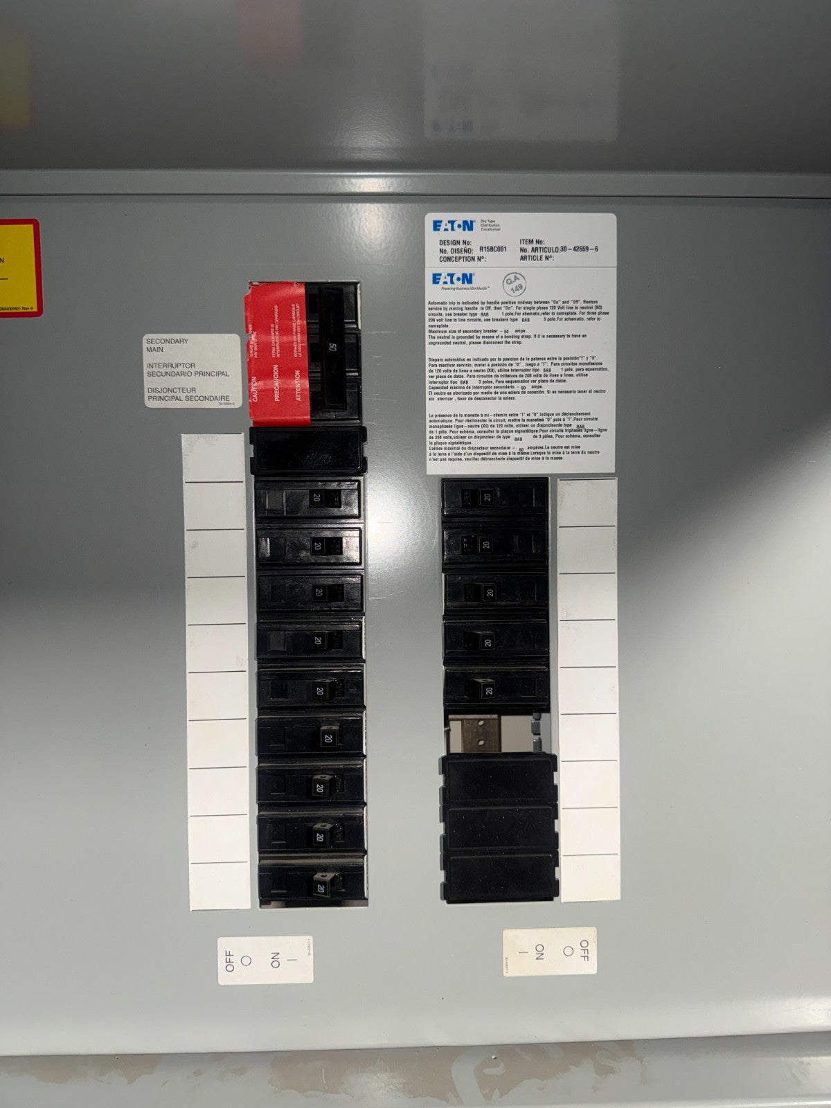 MINI POWER CENTER P48G28T1518CUB PRI VOLTS 480 DELTA SEC VOLTS 208Y/120 15KVA6