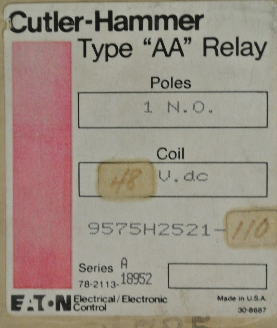 CUTLER-HAMMER 9575H2521-110 TYPE AA RELAY 48VDC 1 N.O. / 9675H2521A NEW SURPLUS6