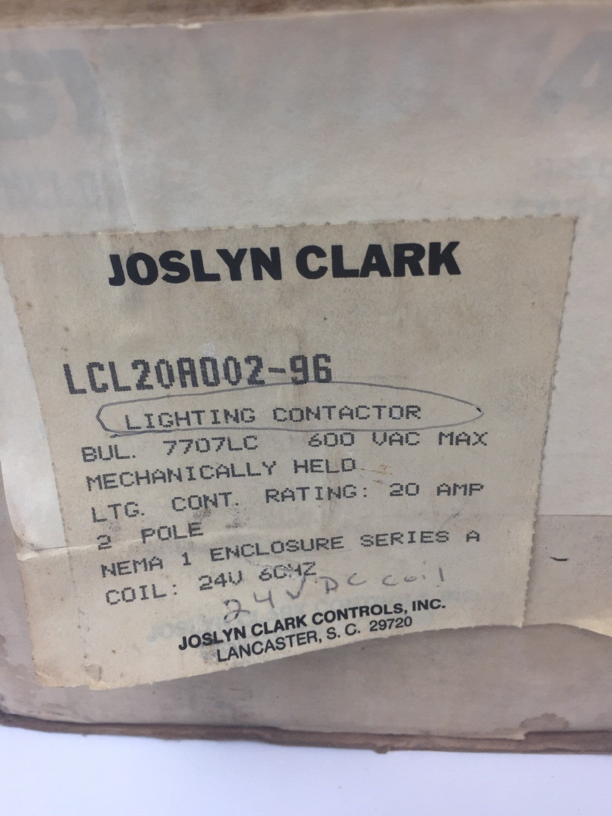 JOSLYN CLARK SYLVANIA LCL20A002-96 LIGHTING CONTACTOR 600VAC 20A COIL 24VDC 60H1