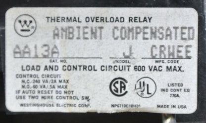 WESTINGHOUSE 505C808G15 / 9084A71HD1 STARTER w/ AA13A OVERLOAD RELAY - 24V 60Hz7