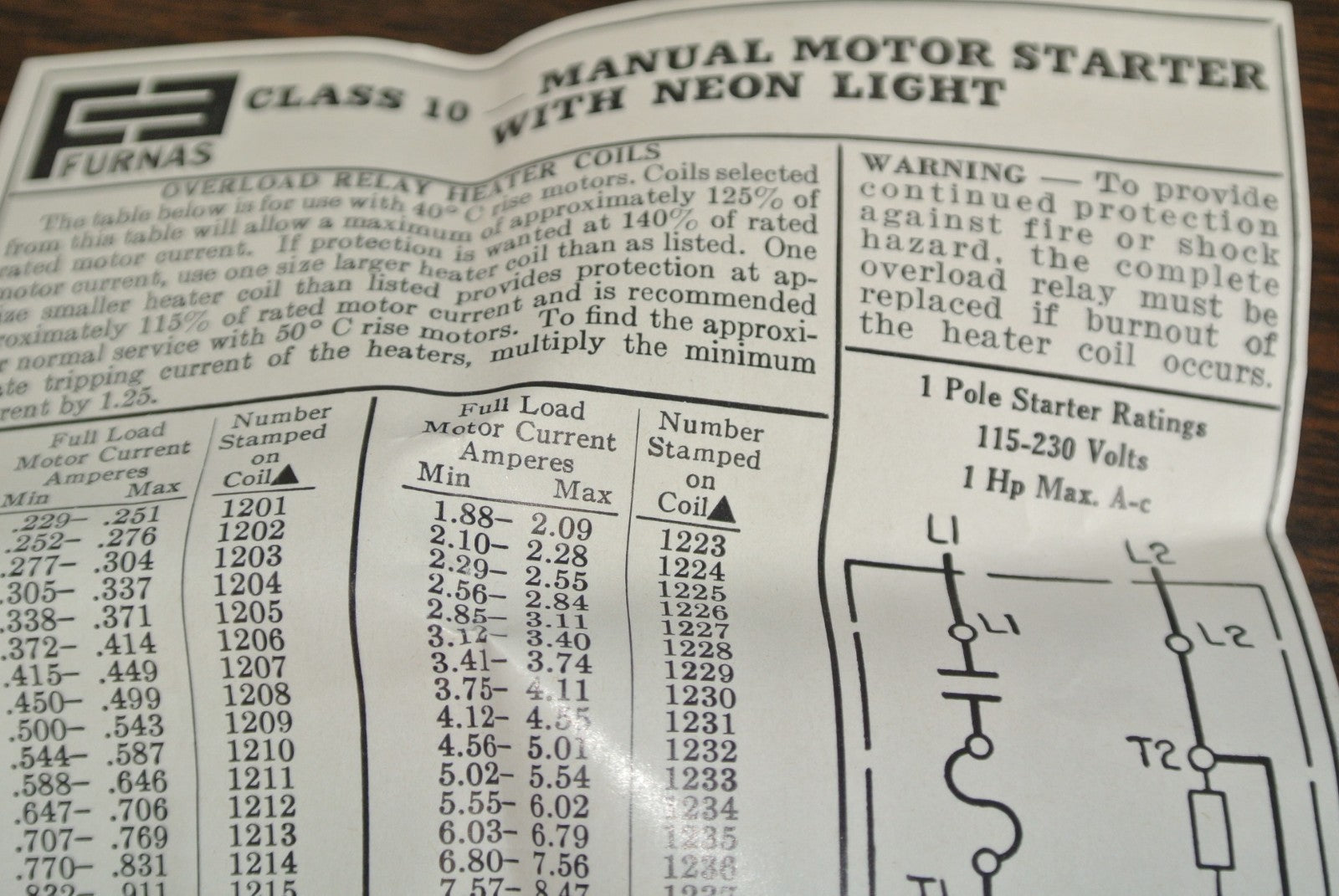 FURNAS 10BA1PB MANUAL STARTER 115/230V 1HP 1-PH 1-POLE OPEN w/ NEON PILOT LIGHT4
