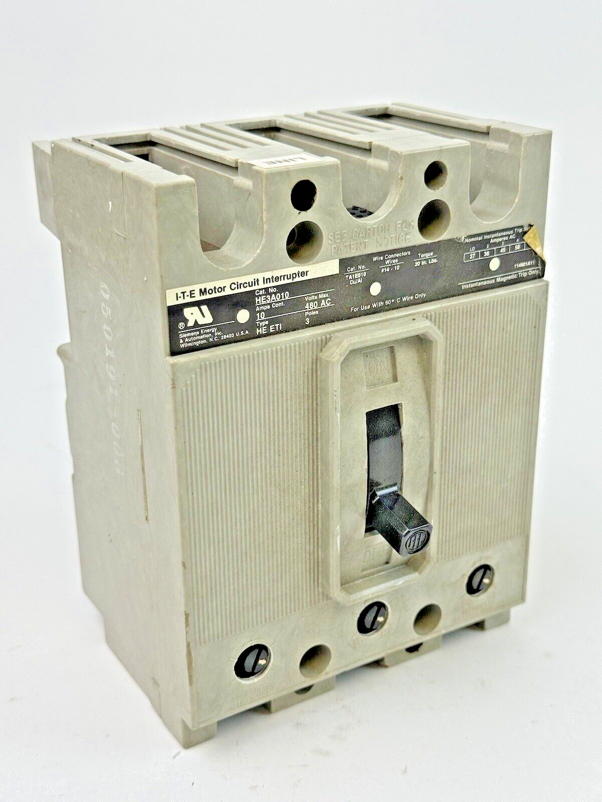 ITE - HE3A010 - MOTOR CIRCUIT INTERRUPTER - 10 A/3 POLE/480 VAC/TYPE HE ETI0