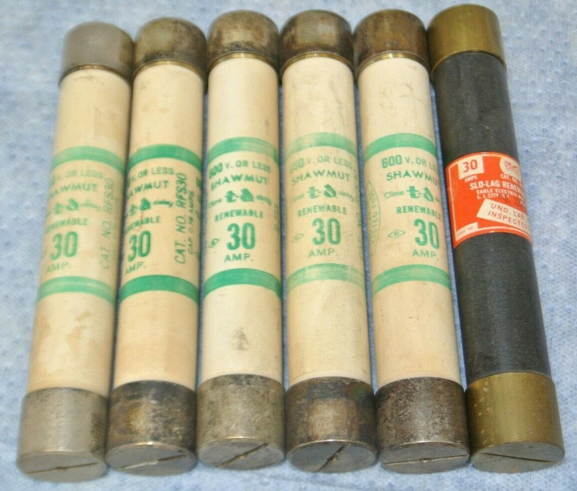 MIXED LOT of 6 RENEWABLE FUSES / 30A / 600V / GOULD, SHAWMUT, EAGLE 0