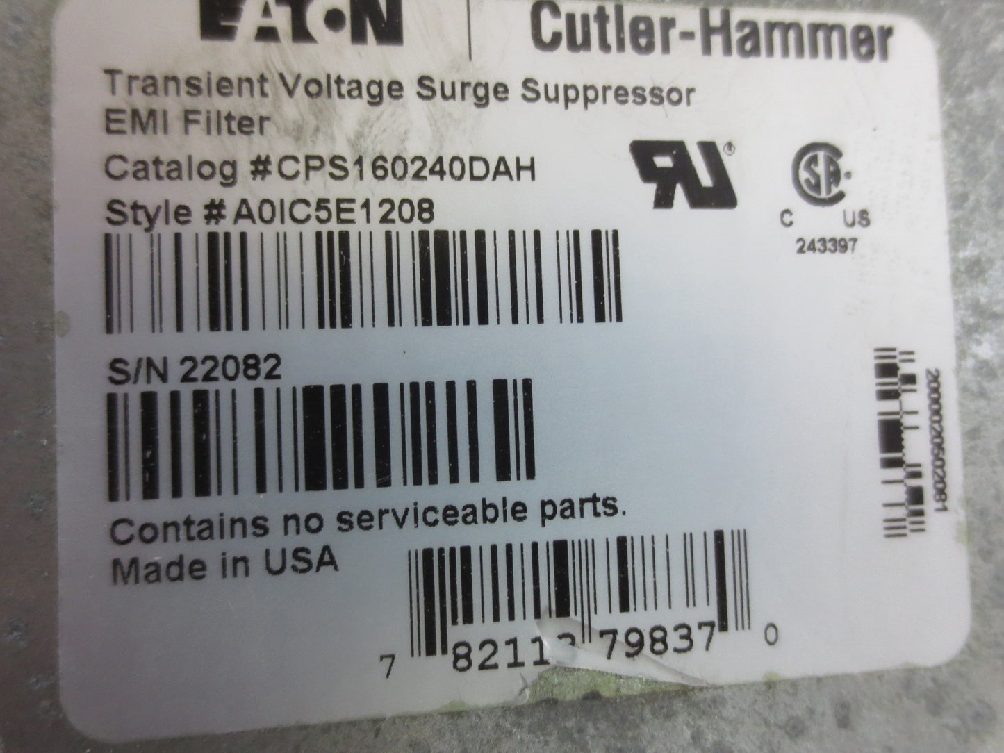 CUTLER-HAMMER CPS160240DAH TRANSIENT VOLTAGE SURGE SUPPRESSOR 240V, 30A 1