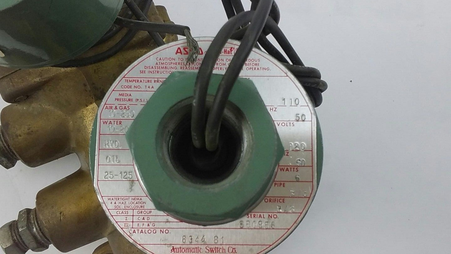ASCO 8344 81 SOLENOID VALVE 110 VOLT 50 HZ 120 VOLT 60 HZ 6 WATTS 0