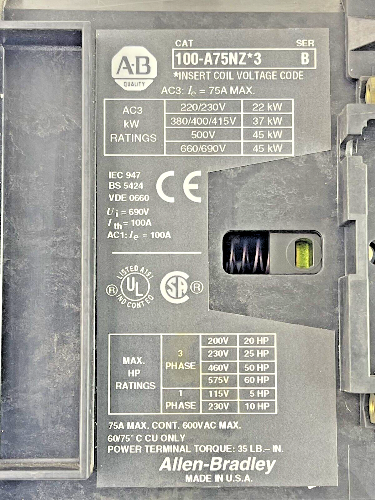 ALLEN-BRADLEY-100A75NZ*3 SER. B-24V COIL, 75A, 600VAC, 3 POLE & 195-GA10 SER. A7