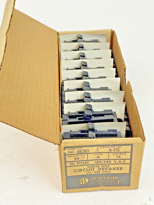 AMERICAN SWITCH *BOX OF 18* - A-115 -15A, 1 POLE TYPE A CIRCUIT BREAKER, 240VAC0