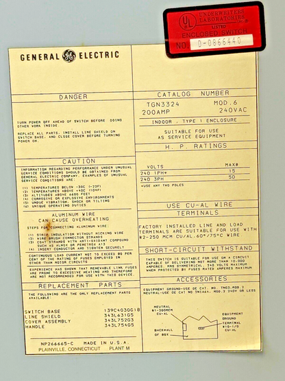 GE - TGN3324 MODEL 6 - SAFETY SWITCH NON-FUSIBLE - 200A/ 240VAC/ 3 POLE/ TYPE 114