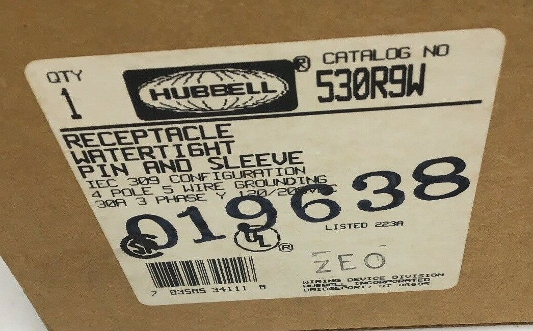HUBBELL 530R9W RECEPTACLE WATERTIGHT PIN&SLEEVE  5 WIRE 30A**NO GASKET**1